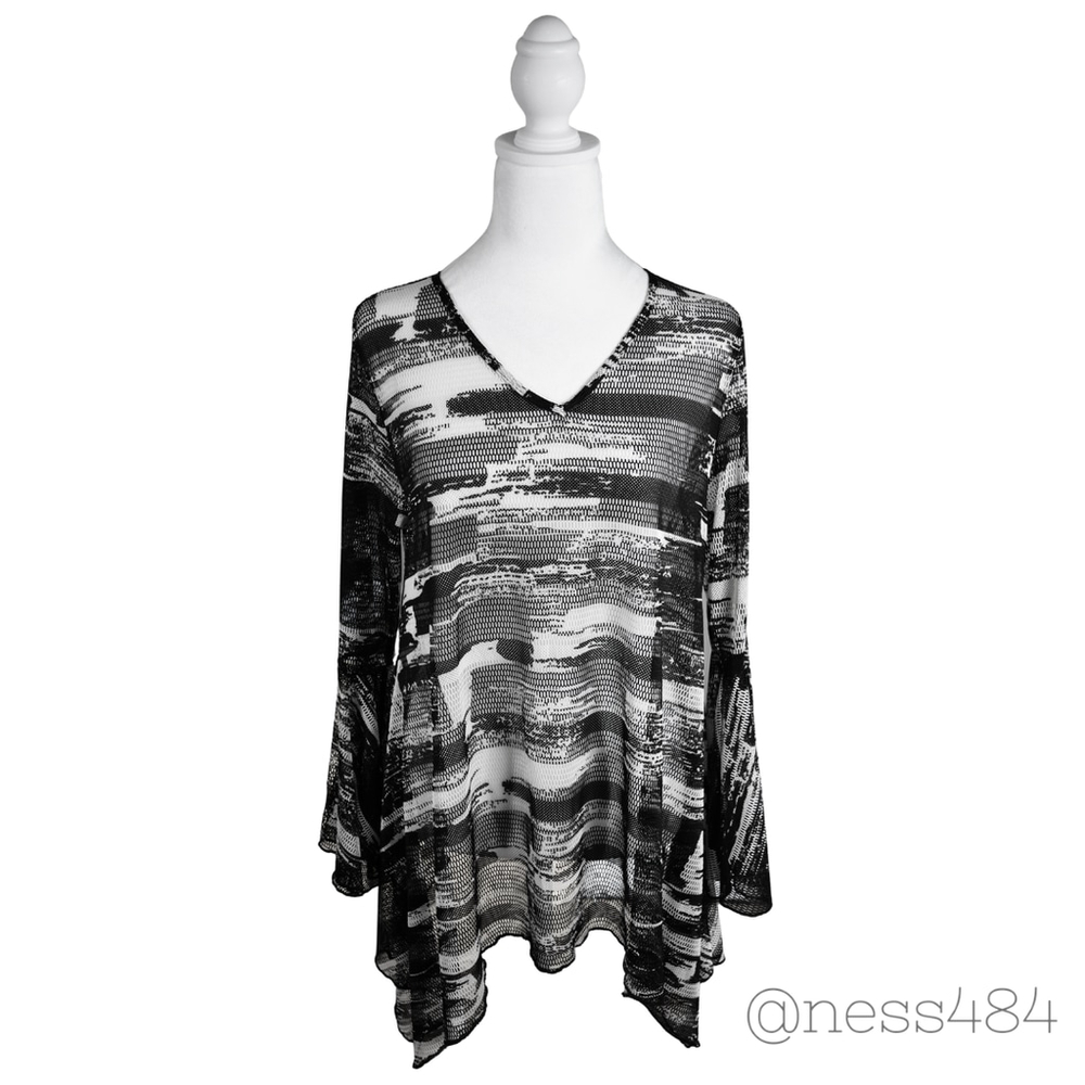 Dor Dor Couture Women's M Black White Abstract Print Sheer Mesh Bell Sleeve